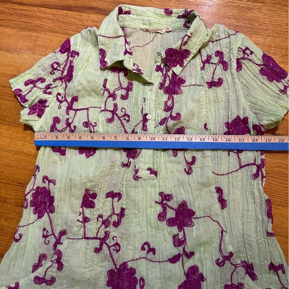 Soft Surroundings Shirt Mint Gauze w/Magenta Embroidery Pleated M (f6 - Picture 8 of 10